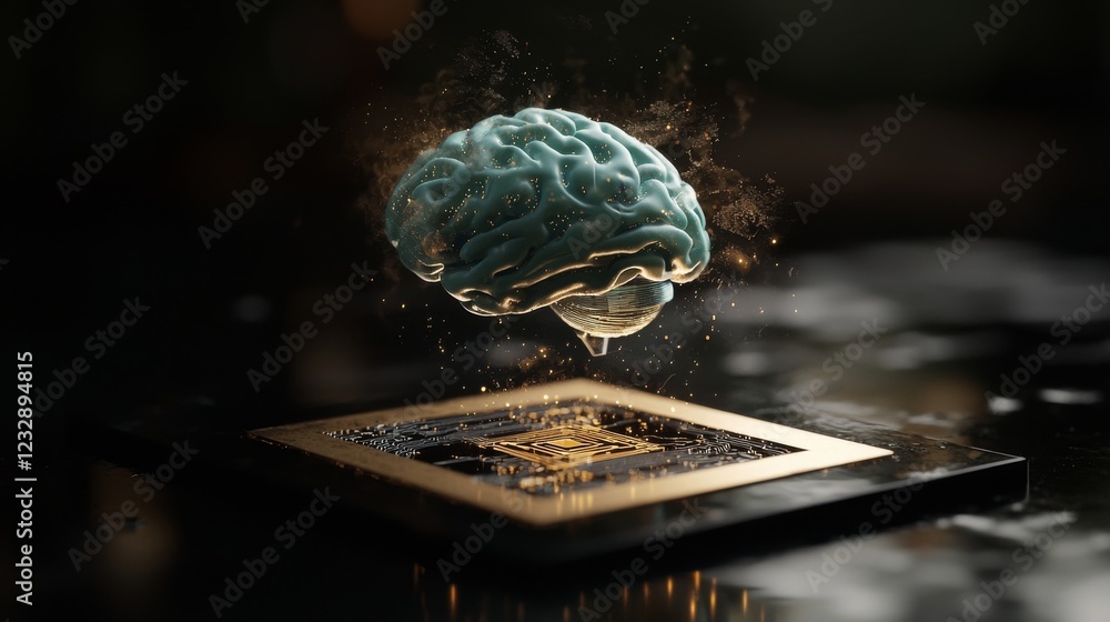 Poster a 3d rendering showcases stock hardware with a glowing blue brain circuit on a microchip placed on a