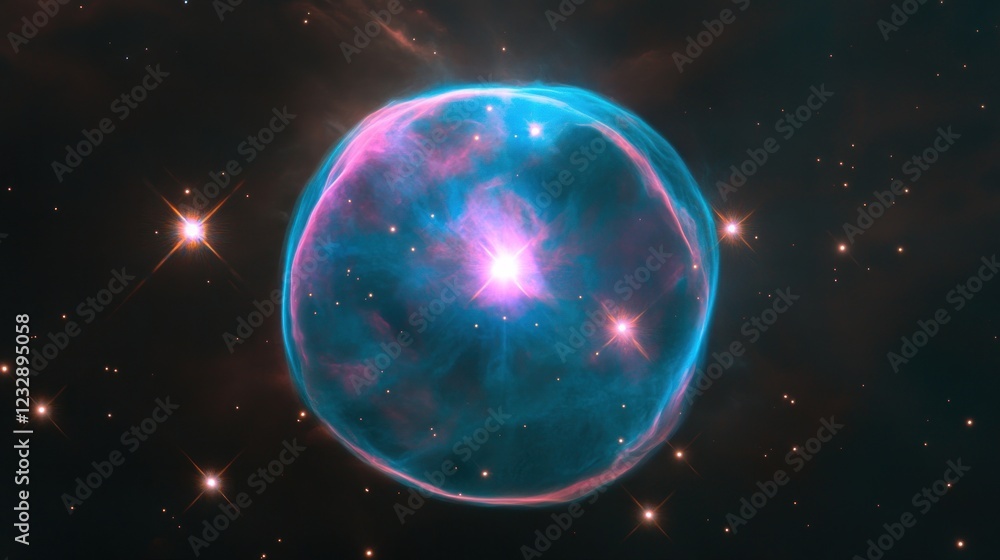Poster a celestial sphere glowing brightly in the dark vastness of space