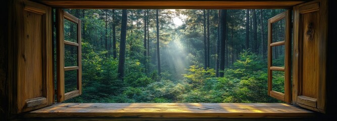 Wide wooden window opening to a serene pine forest filled with soft natural light