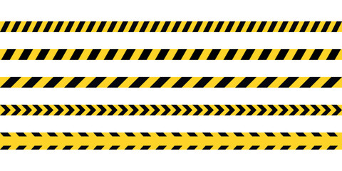 Set of warning tapes with yellow and black stripes isolated on a transparent background. Abstract stripes for police, accident, construction. Dangerous ribbons. Seamless flat vector illustrations