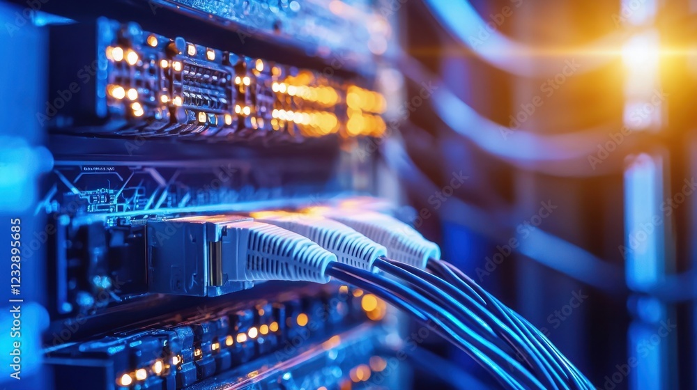 Poster close-up of network cables and data server in data center environment