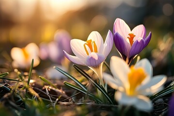 Sunlight filters through during springtime, illuminating outdoor nature's vibrant spring flowers. A postcard features the enchanting wild crocus