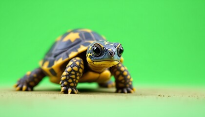 Obraz premium Adorable Baby Tortoise on Green Background
