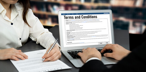 Digital legal contract provide terms and conditions document on computer screen ready for online...