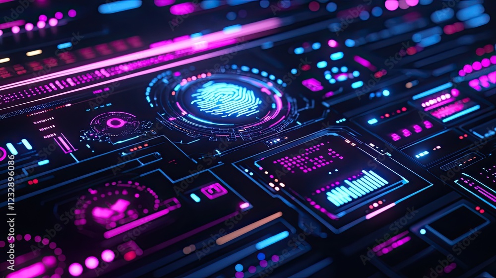 Poster Futuristic Digital Interface Shows Biometric Fingerprint Scan
