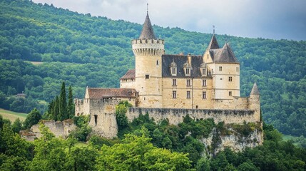 Obraz premium Majestic Medieval Castle Surrounded by Lush Green Landscape