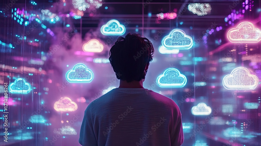 Poster Person viewing illuminated cloud data network display