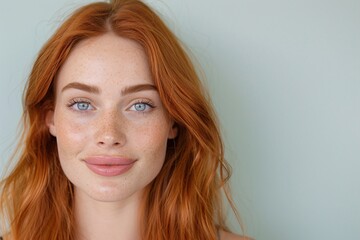Fototapeta premium Portrait of red-haired woman with freckles on light green background, natural beauty concept, minimalistic design with glowing tones, cheerful feminine style, trendy and vibrant aesthetic.