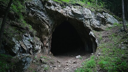 Mysterious Cave Entrance Surrounded by Lush Greenery and Rocks