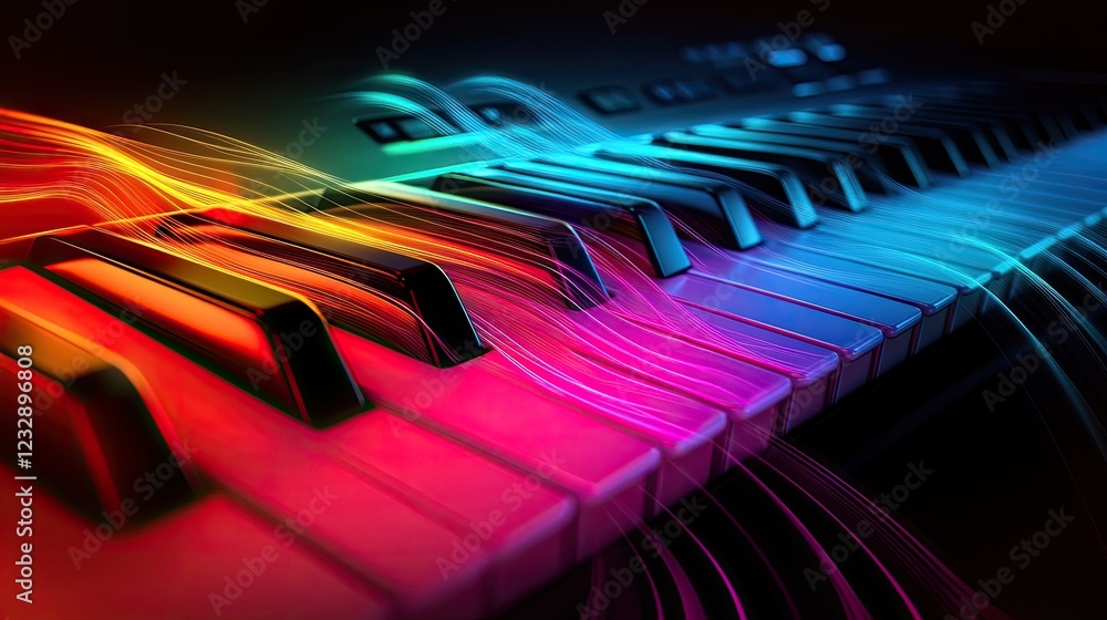 Poster vibrant keyboard keys illuminated by colorful light streams