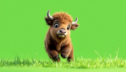 Fototapeta premium Adorable Baby Yak Running in Green Grass 3d Render