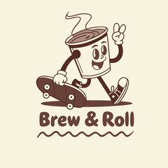 Cheerful Coffee Cup Mascot with Smiling Steam Holding Skateboard