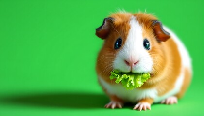 Adorable Guinea Pig Eating Lettuce on Green Background