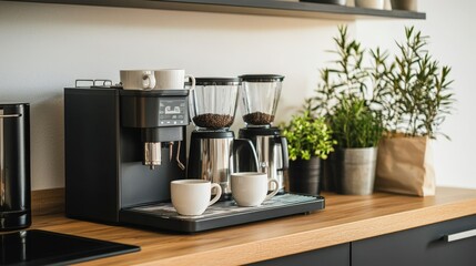 Fototapeta premium A coffee maker with two cups on it sits on a wooden counter