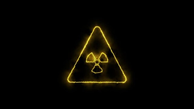 Nuclear symbol icon HUD. Electric Neon light radiation hazard sign glowing fire on black tech background, Sci Fi user interface 2D technology animation
