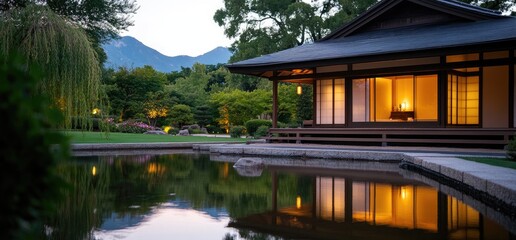 Obraz premium Illuminated Japanese house, tranquil garden, mountain backdrop. Peaceful scene