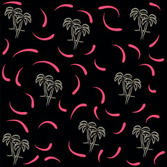 Pattern of palm trees, flamingos, waves and nautical elements with water splashes, playing with these elements to make a fun design with bright colors and beach or vacation objects.