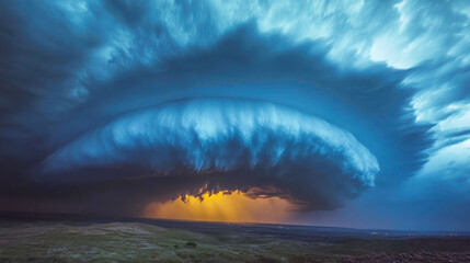 Massive supercell storm cloud forming over a vast open landscape with dramatic lighting and dark blue swirling sky at sunset