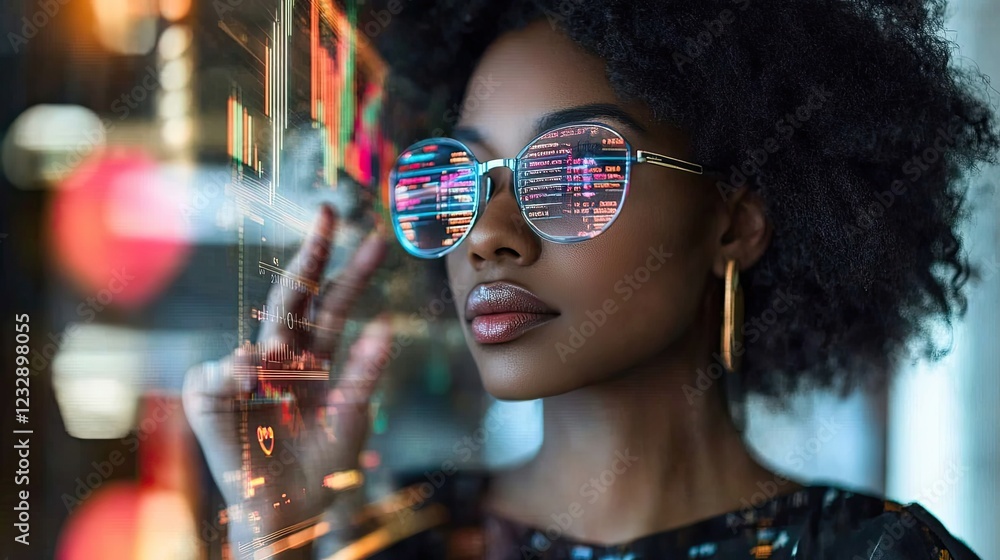 Poster woman interacting with futuristic digital data display