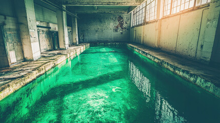 Obraz premium Abandoned industrial space with toxic sludge pool, featuring unnatural green tint. eerie atmosphere evokes sense of decay and neglect
