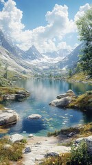 Serene Alpine Lake Nestled in Majestic Mountains under a Sunny Sky