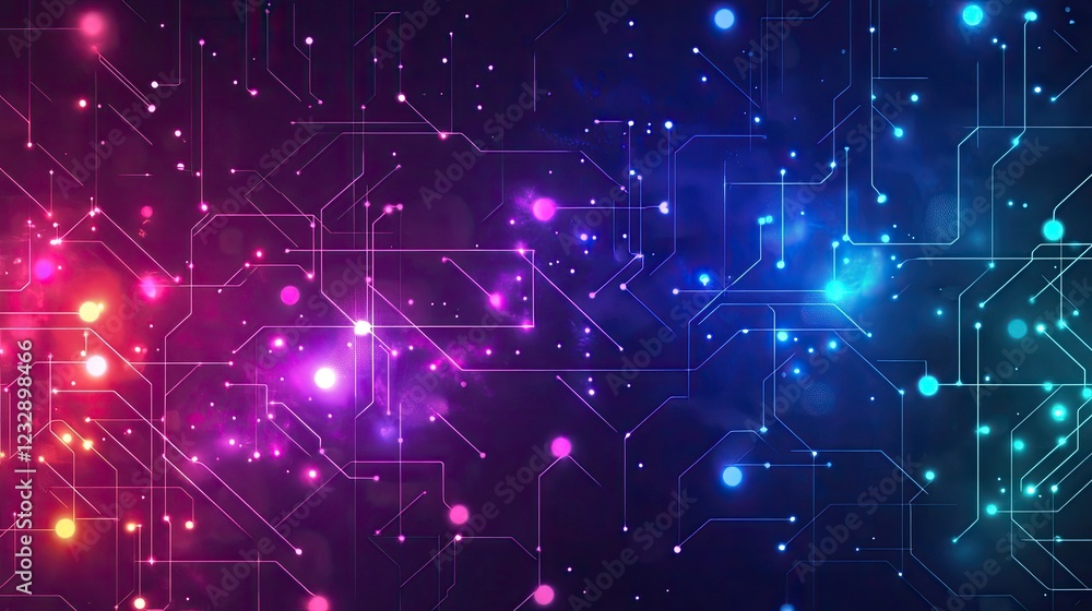 Poster abstract digital circuitry network glowing lines and nodes
