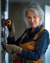 Fototapeta premium Experienced female electrician in a work uniform and gloves fixing electrical wiring, standing confidently with tools, professional and focused expression, indoor workspace, vertical portrait