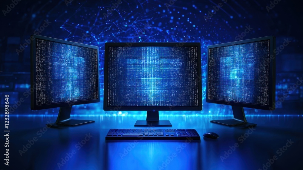Poster three monitors displaying digital data in blue light and coding patterns