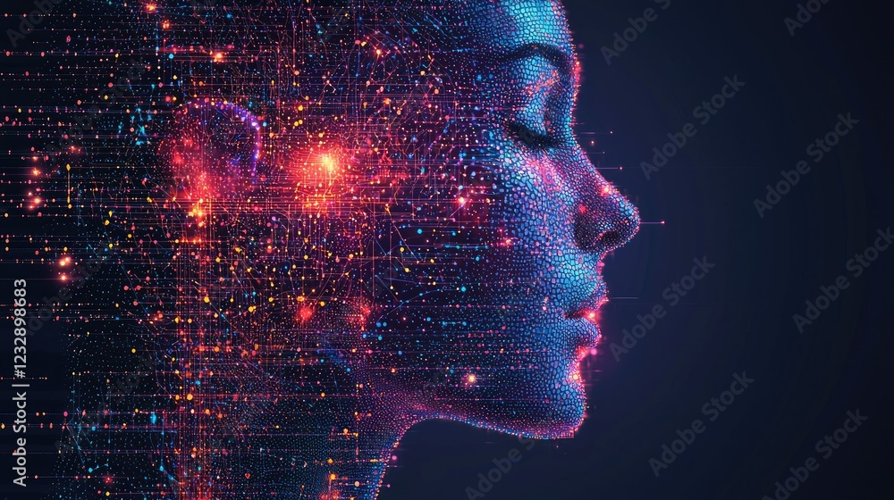 Poster digital face composed of illuminated data streams