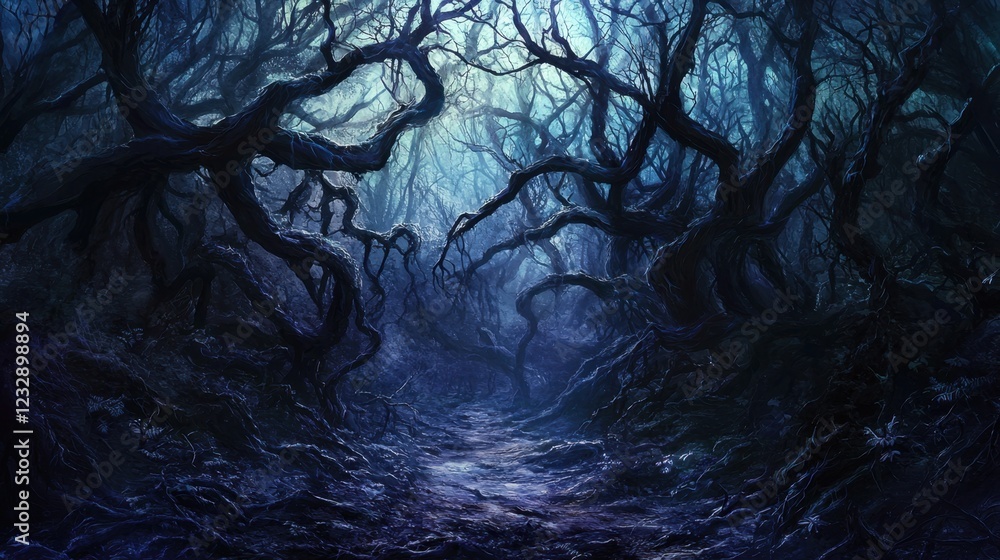 Poster enchanted forest with twisted trees and mysterious atmosphere