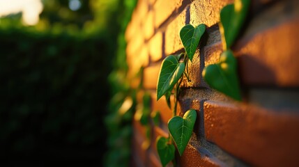 Ivy growing on brick wall at sunset, garden background; nature wallpaper