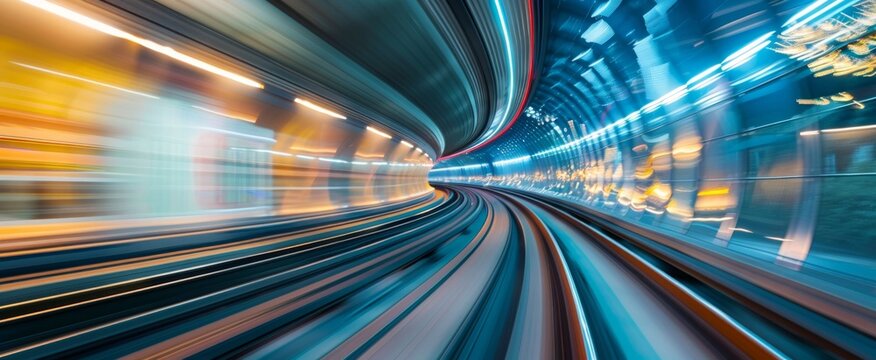Futuristic high speed train tunnel with vibrant motion blur and dynamic lighting