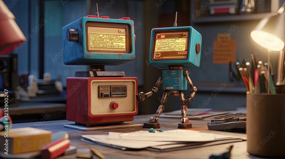 Poster retro robot companions holding hands in a workspace