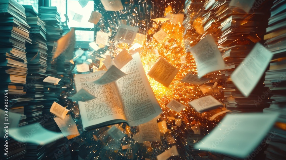 Poster dynamic explosion of pages from an open book in a library setting