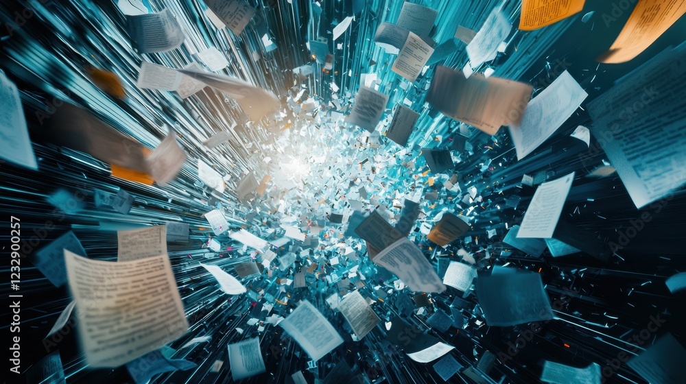 Poster dynamic burst of floating pages in a blur of motion and light