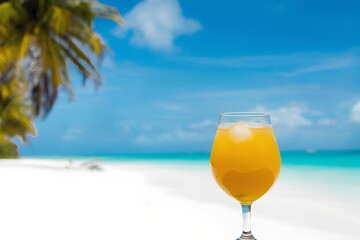 A glass filled with a fruity beverage sits on the bright white sand, accompanied by ice and a slice of orange. Palm trees sway gently in the background by the turquoise sea.