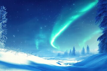 Fototapeta premium Northern lights illuminate a winter night sky with snow-covered landscape