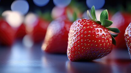 Juicy strawberries, close-up, dark background, bokeh lights, food photography