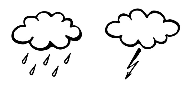 Isolated monochrome doodle cloud with rain and lightning drawing on transparent background. Vector weather icon sketch