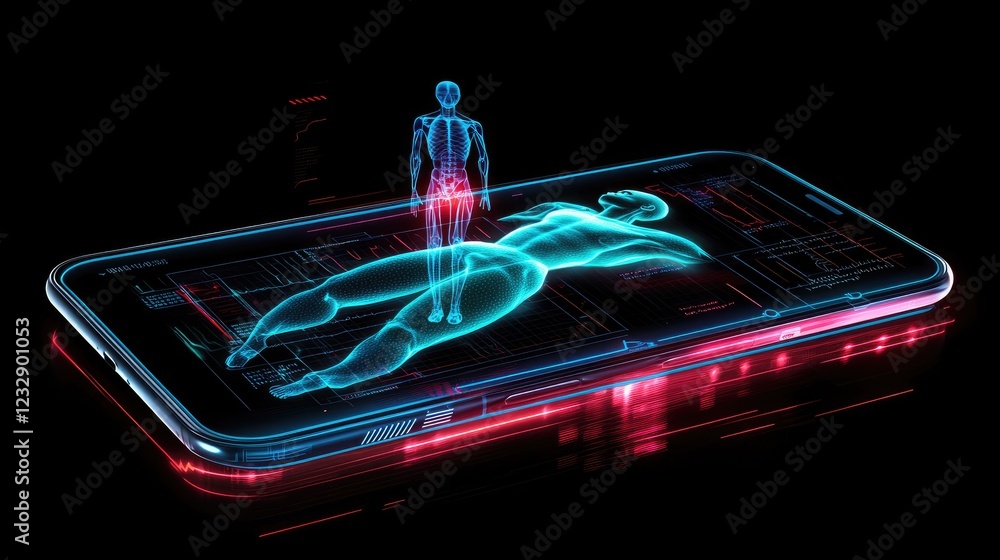 Poster digital body scan on smartphone screen shows health data