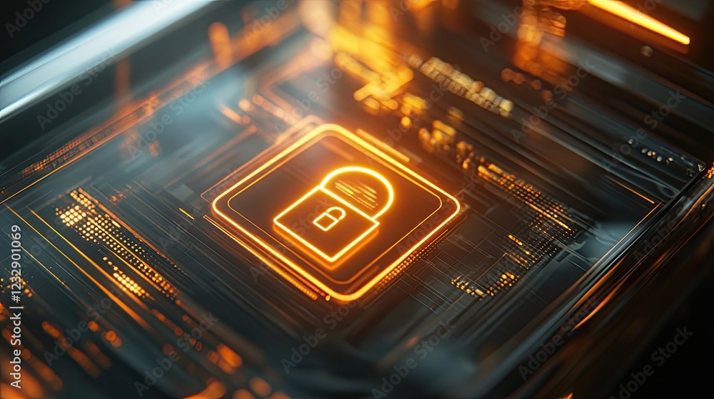 Poster digital security system glowing padlock icon