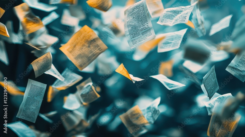 Poster floating pages in abstract background creating dynamic visual effect