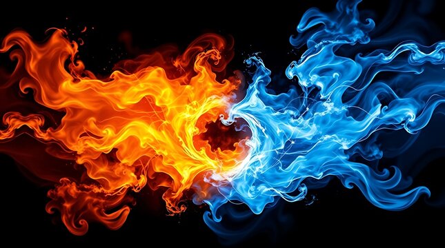 fire and ice, heart shape, blue and orange flames, opposing forces, swirling energy