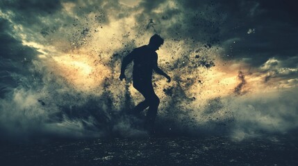 Obraz premium Dramatic Silhouette of a Man Walking Through Splashes of Water