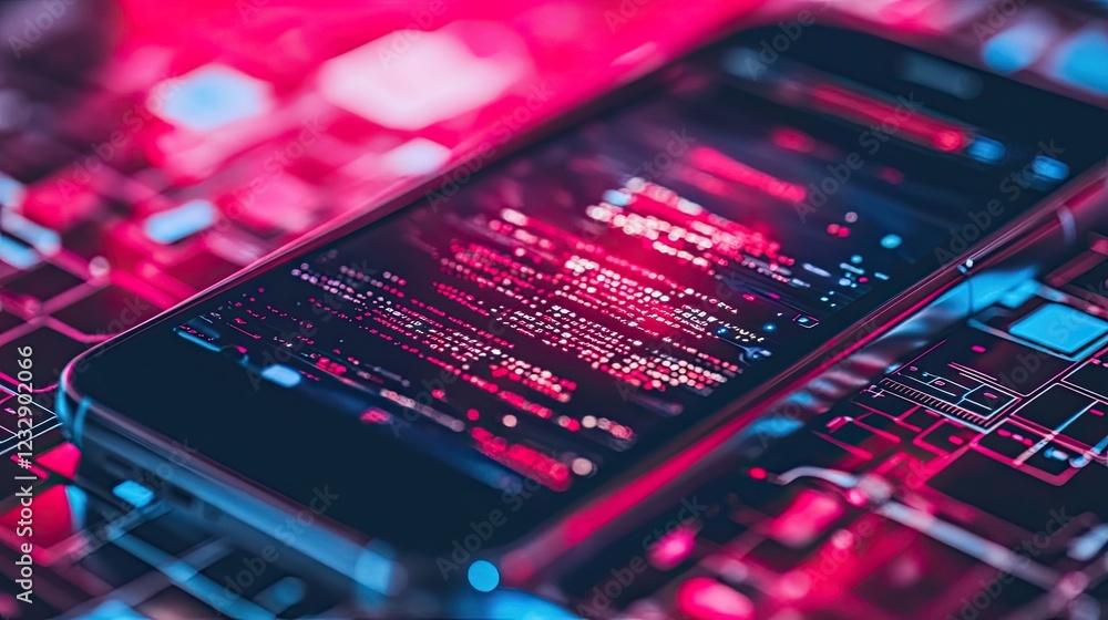 Poster Smartphone Displaying Lines Of Code On A Keyboard