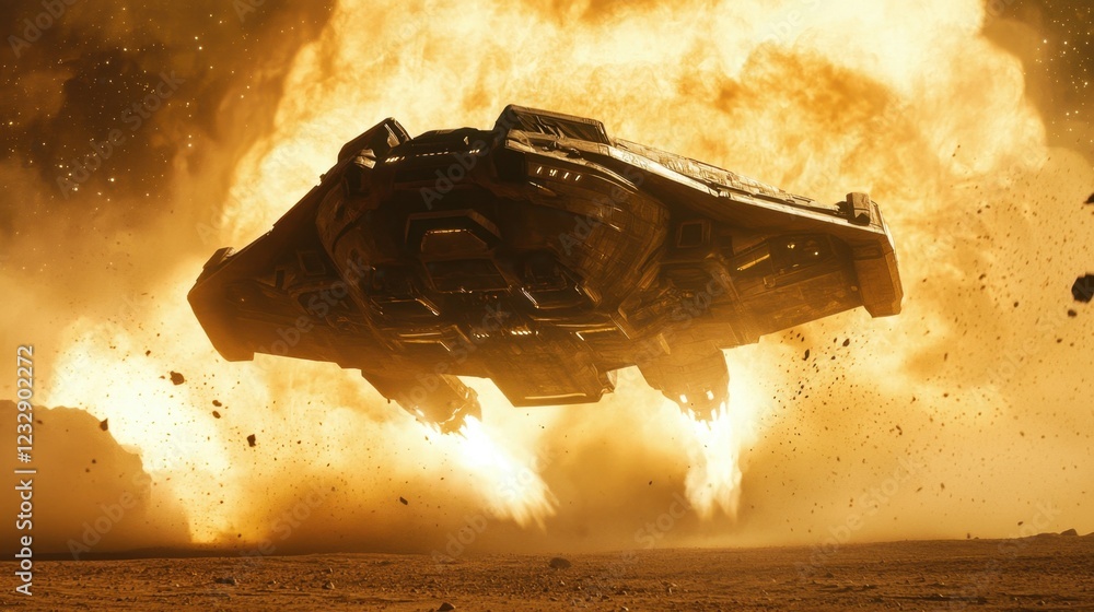 Aufkleber futuristic spaceship exploring alien planet with fiery explosion backdrop