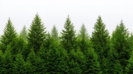 Fototapeta premium Serene Evergreen Forest Shrouded in Mist A Peaceful and Mysterious Nature Scene