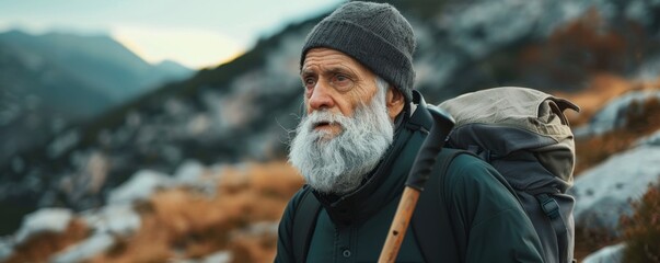 Obraz premium Elderly man hiking in rugged mountains wearing a gray hat, carrying a walking stick