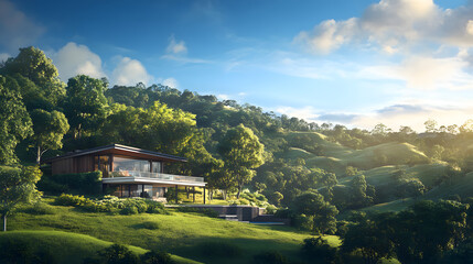 Ultra Realistic Scene of a Slope House Nestled Next to a Lush Green Forest in a Stunning Hill Landscape