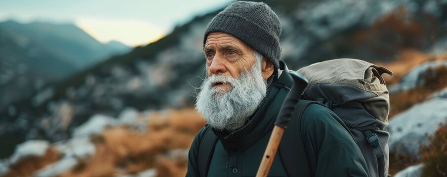 Elderly man hiking in rugged mountains wearing a gray hat, carrying a walking stick
